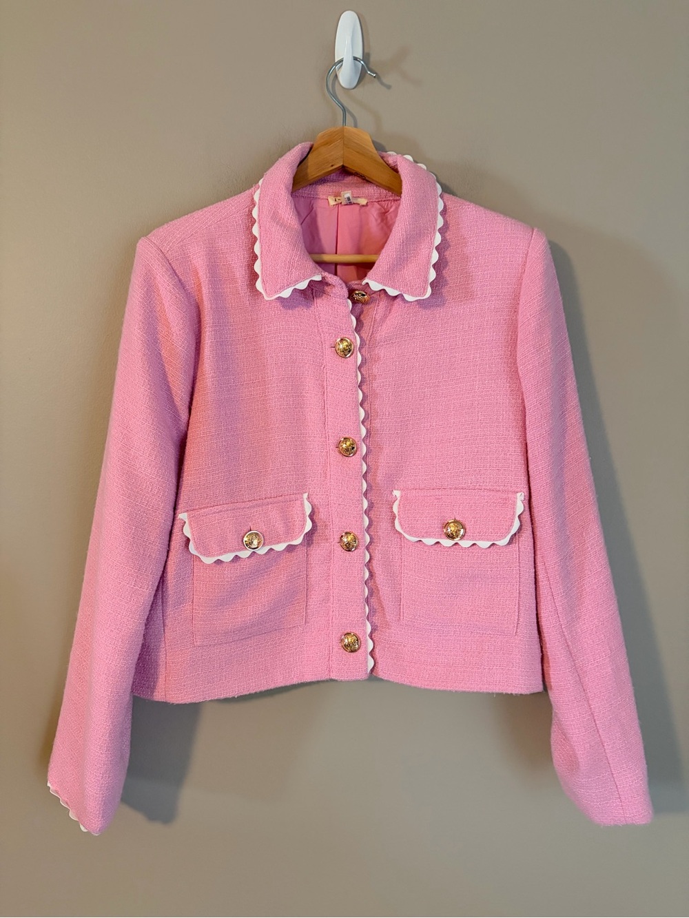Pink Scalloped Trim Tweed Jacket blazer size L